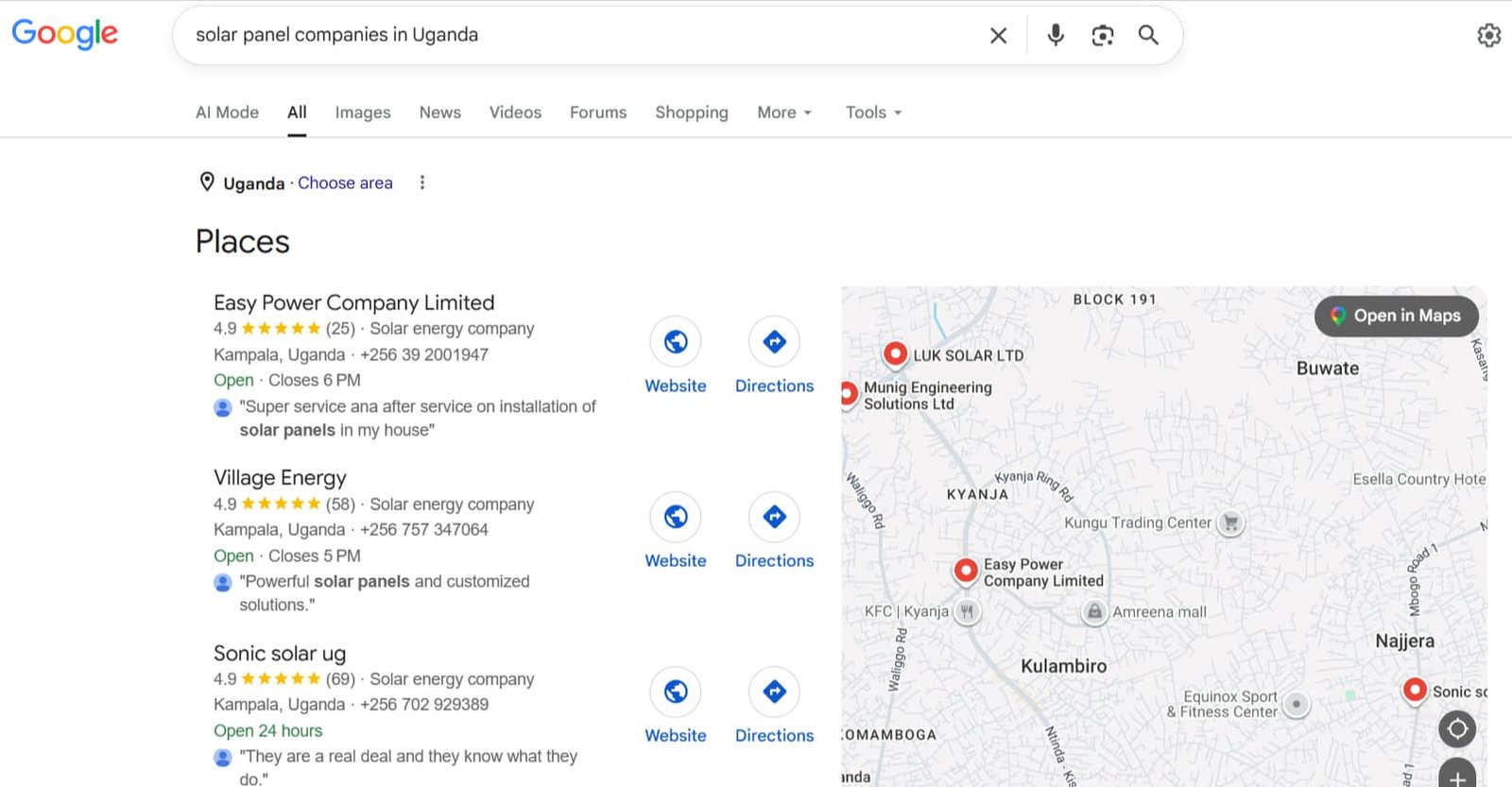 Google Maps results for solar panel companies in Uganda with Easy Power Company Limited ranked first in the Places pack, rated 4.9 from 25 reviews.