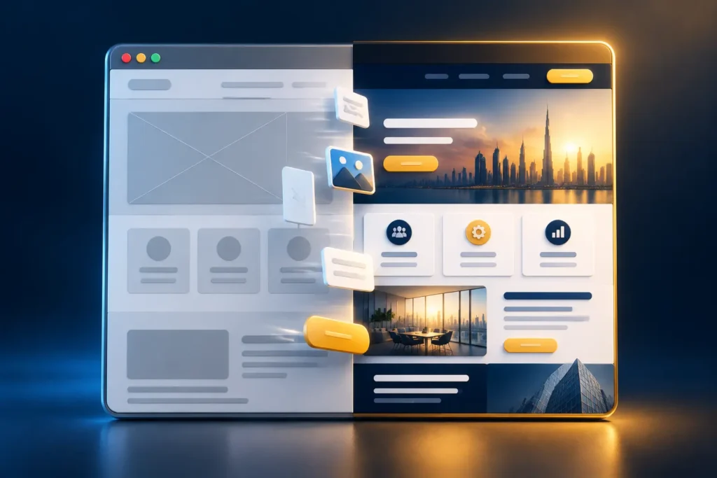 A website moving from grey wireframe to finished design, showing what build hours produce